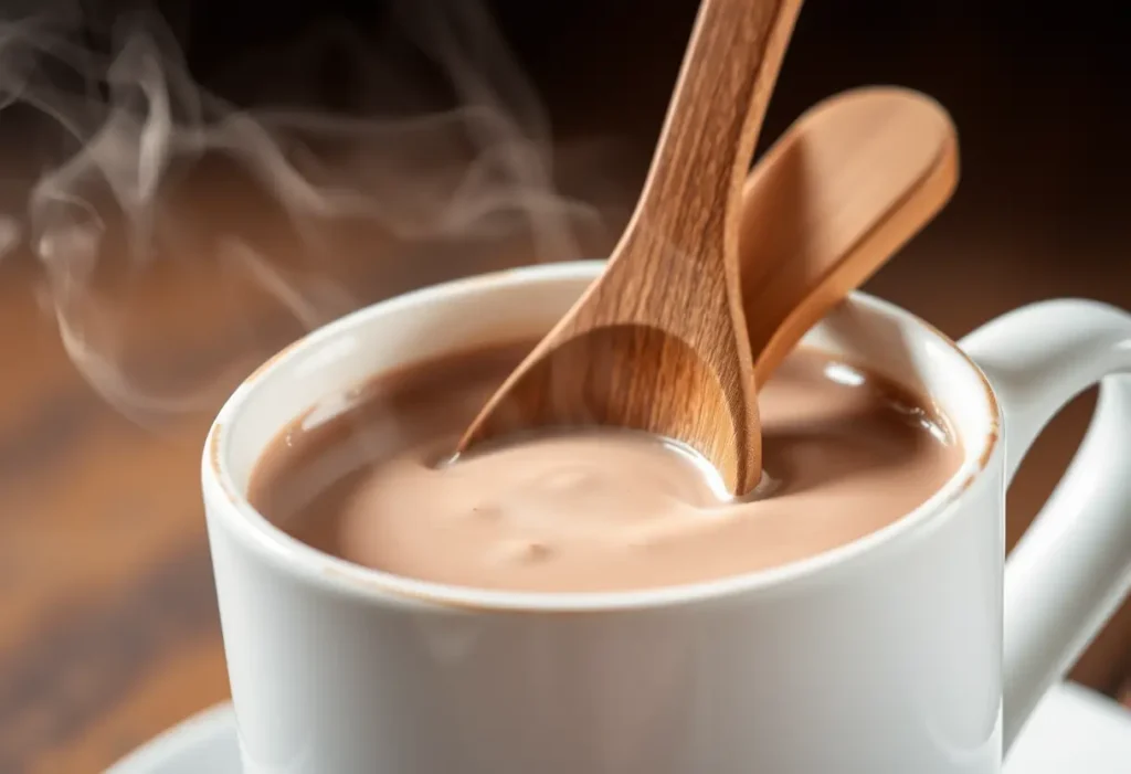 Un coulissant d'une cuillère en bois qui remue une boisson chaude crémeuse dans une tasse blanche, évoquant chaleur et bien-être