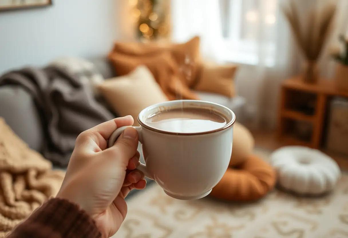 Une main tenant une tasse de chocolat chaud dans un salon accueillant et chaleureux