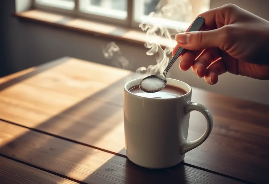 Une tasse de chocolat chaud sur une table, éclairée par la lumière naturelle.