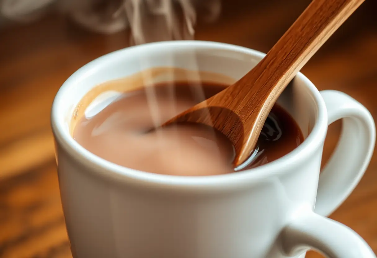 Cuillère en bois qui remue une tasse de chocolat chaud, apportant sérénité et bien-être.
