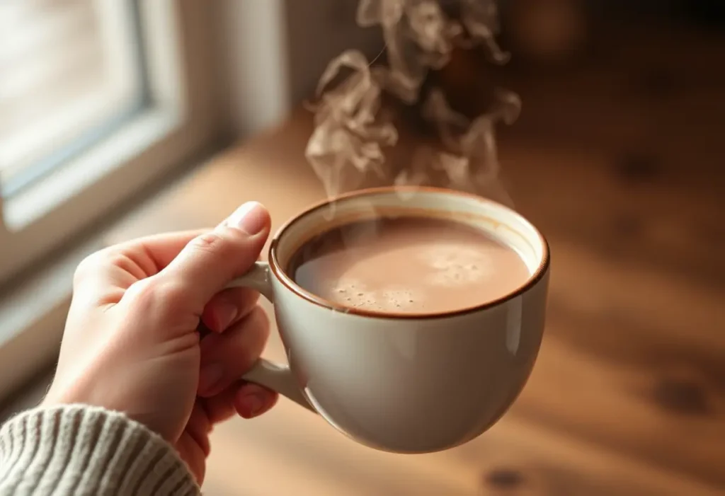 Une main tenant une tasse en porcelaine remplie de chocolat chaud, la vapeur s'élevant doucement