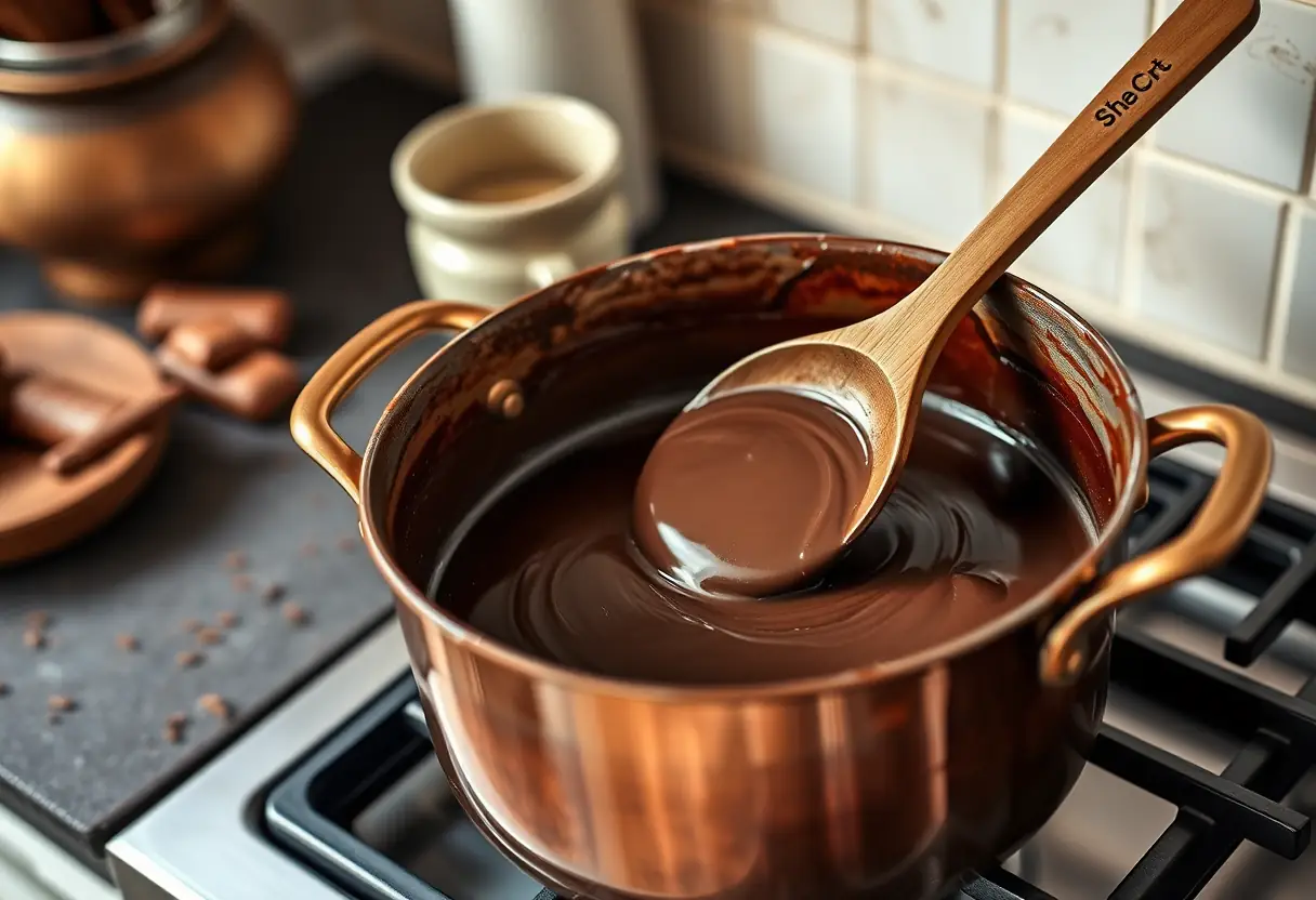 Une cuillère en bois mélange délicatement une grande casserole en fonte avec fond en cuivre remplie d'une mixture de chocolat riche et foncé sur une cuisinière