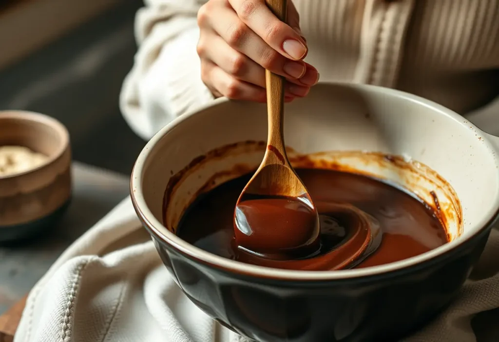 Main du chocolat dans une grande casserole chaude et accueillante