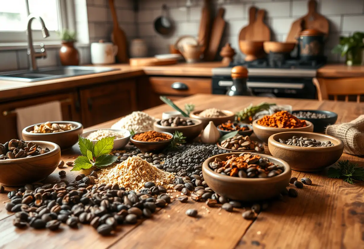 Table avec épices et fèves de cacao dans une cuisine accueillante