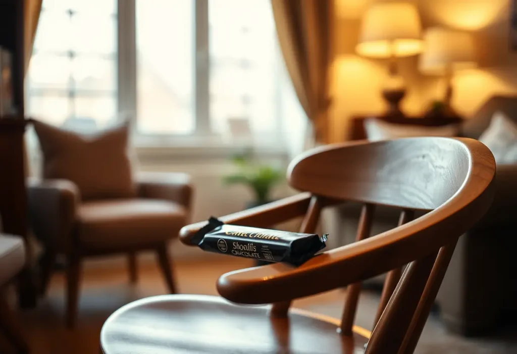 Un fauteuil en bois dans un salon accueille une tablette de chocolat emballée