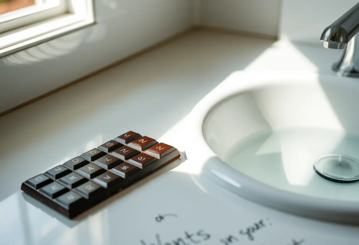 Une tablette de chocolat noir près d'un lavabo en porcelaine dans une salle de bains