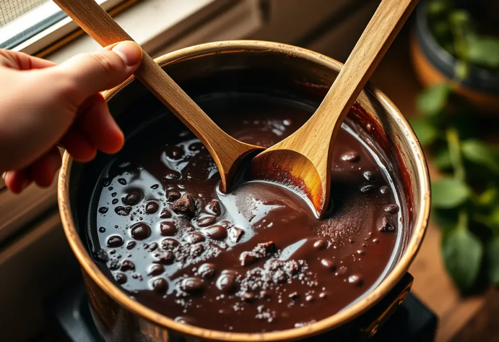 Une main tenant une cuillère en bois remue une mixture de chocolat noir dans une casserole en cuivre, mettant en valeur ses bienfaits santé.