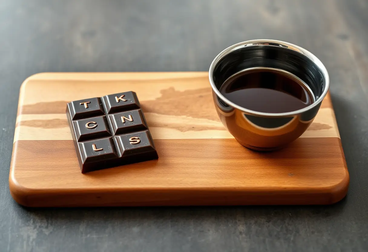 Un plateau en bois présente une tablette de chocolat noir coupée en morceaux, mettant en avant sa profondeur de couleur et ses bienfaits.