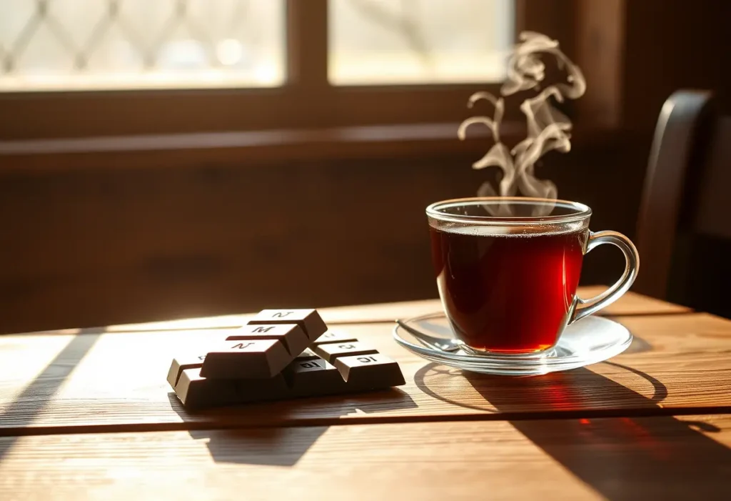 Un plateau en bois avec une tablette de chocolat noir et une tasse de thé fumant