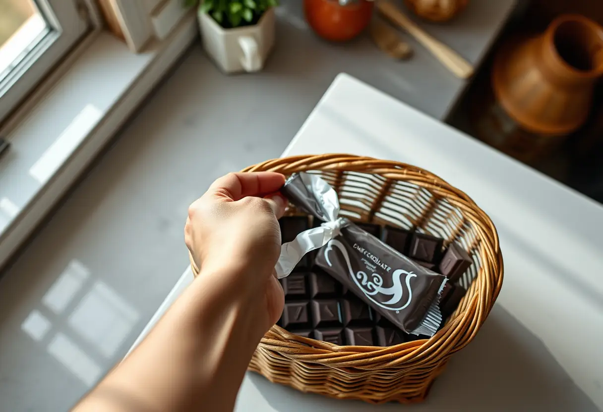 Une main qui prend délicatement une tablette de chocolat noir dans un panier en osier dans une cuisine