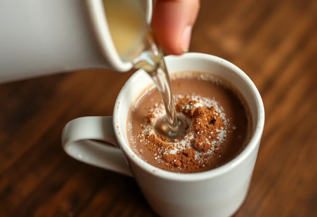 Une main verse de l'eau chaude dans une tasse contenant du cacao et du sucre, lien avec l'article sur les bienfaits du chocolat noir.
