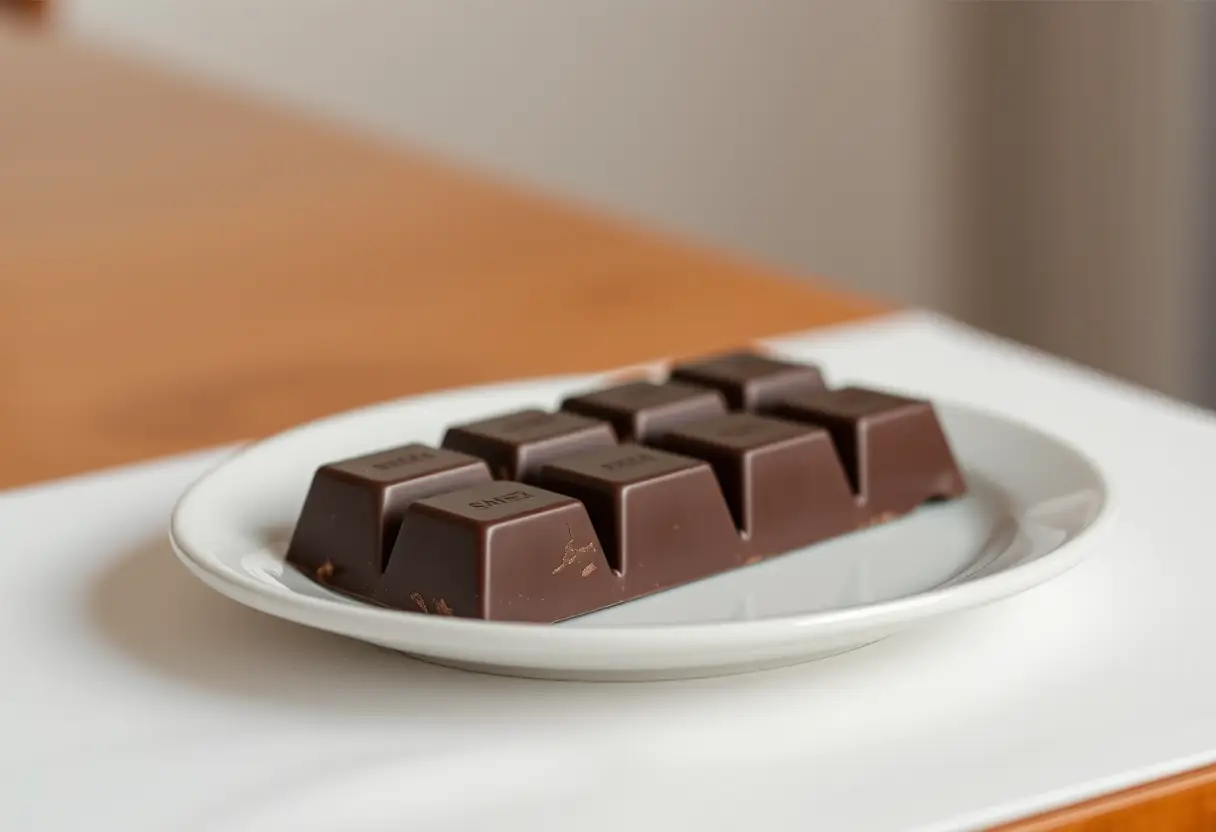 Un bloc de chocolat foncé sur une assiette blanche, mettant en valeur sa texture riche