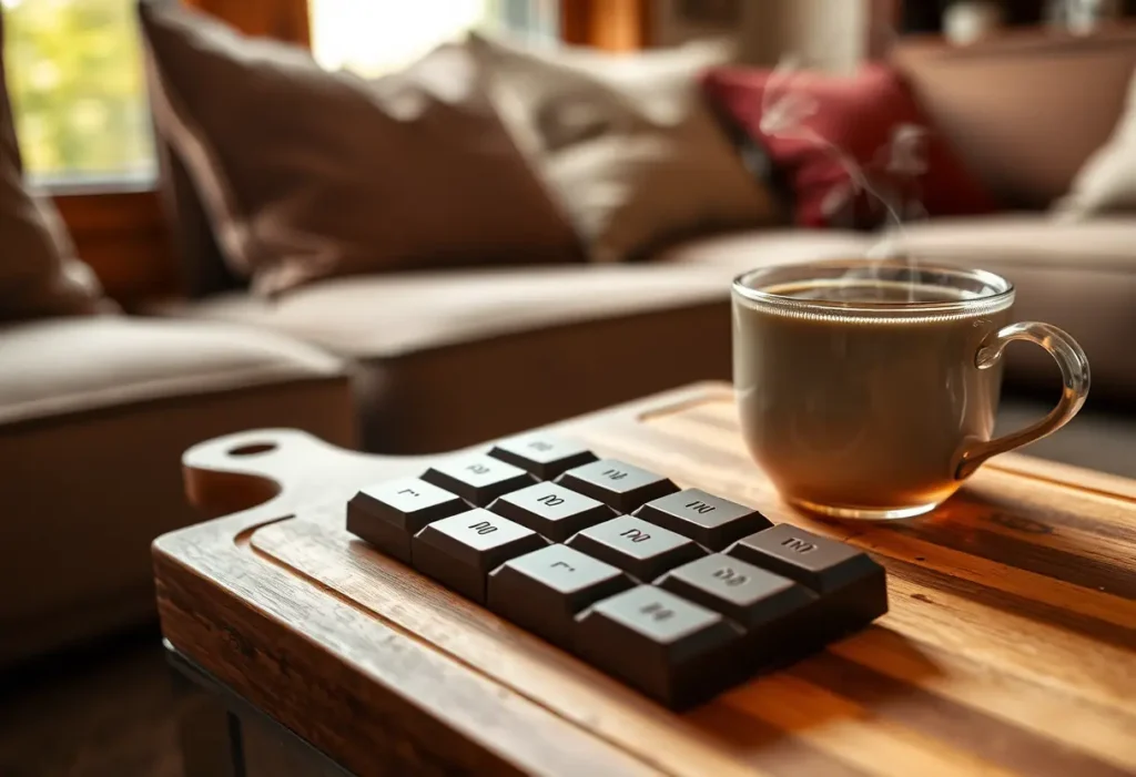 Une tablette de chocolat noir posée sur un plan de travail en bois, au milieu d'un salon accueillant, près d'une tasse fumante de thé.