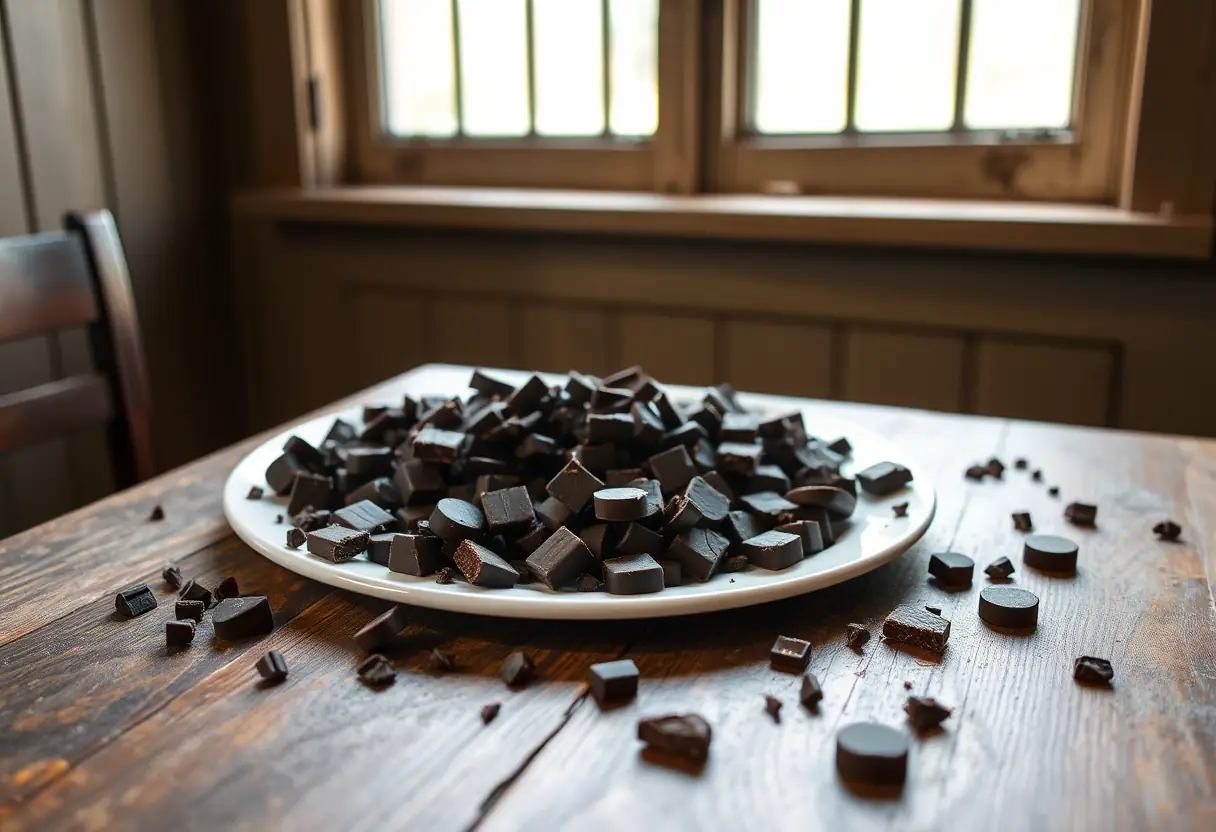 Des morceaux de chocolat noir répandus sur une assiette, posée sur une table rustique, sous une grande fenêtre qui met en valeur leur couleur brune intense.