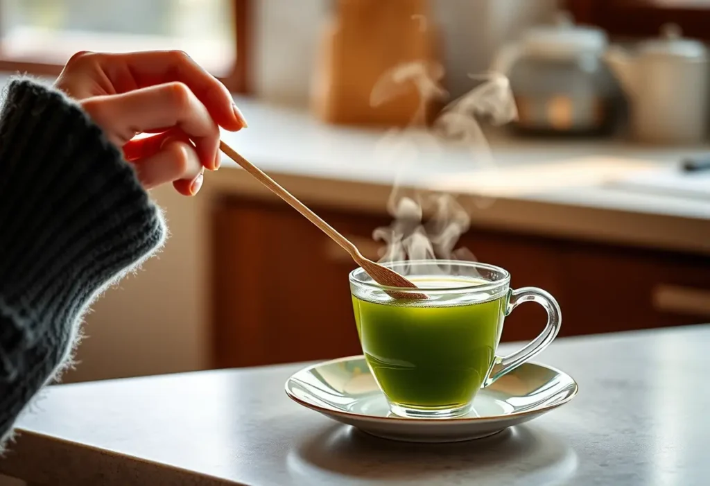 Une main féminine tient une cuillère en bois en remuant une tasse de thé vert dans une cuisine