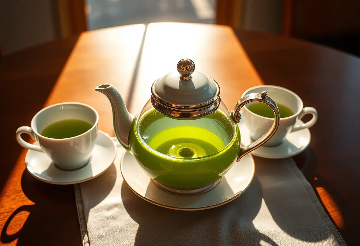 Un samovar en céramique sur une table de salle à manger entouré de tasses et de soucoupes