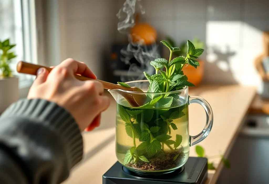 Main: une main féminine remue une cuillère dans une bouilloire avec du thé vert et des feuilles de menthe, naturel