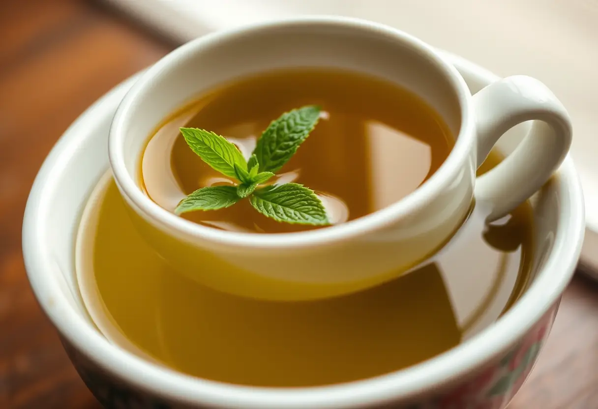 Main: un demi-cadre de porcelaine rempli de thé vert et de brins de menthe flottant dedans, lumière tamisée