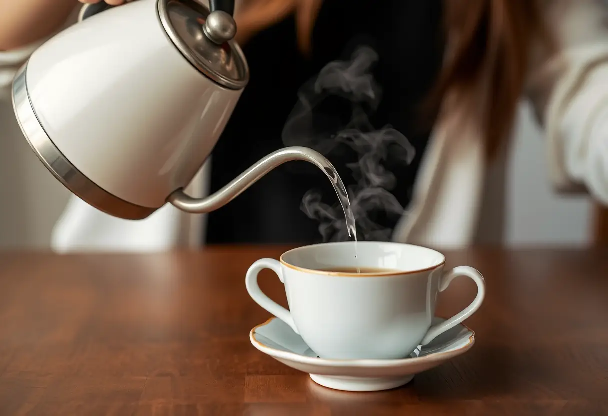 Une main verse de l'eau chaude dans une tasse de thé en porcelaine posée sur une table en bois, évoquant bien-être et sérénité