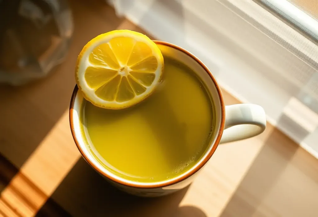 Une tasse fumante de thé vert avec une tranche de citron reposant sur son rebord