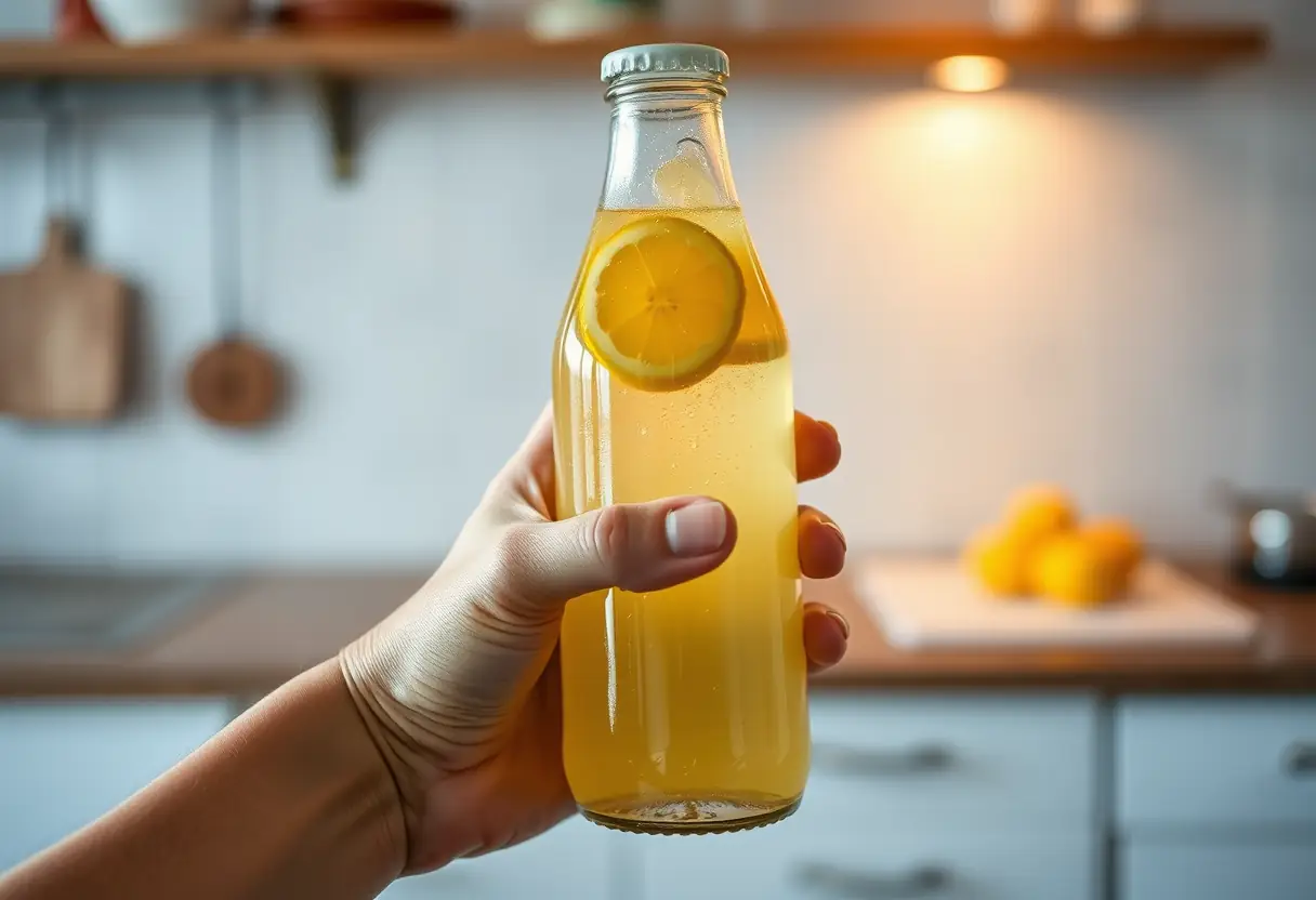 Une main tenant une bouteille en verre remplie de jus de citron frais