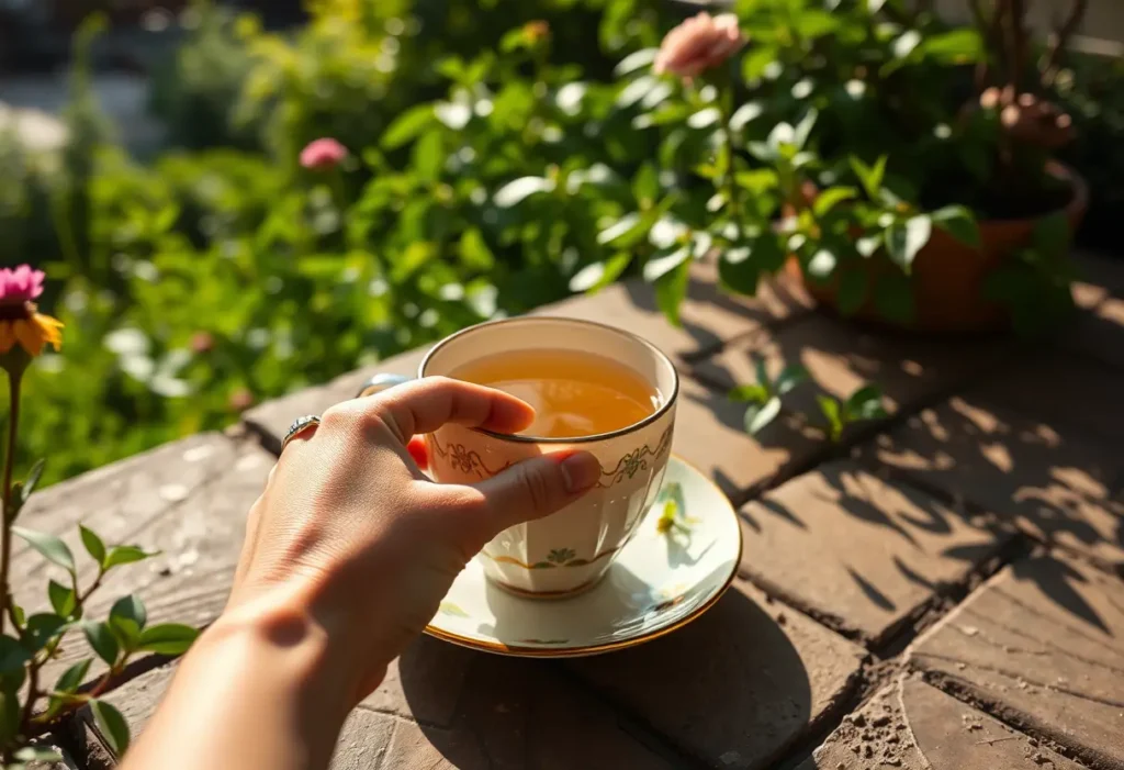 Une main qui remue délicatement une tasse de thé vert jasmin sur une terrasse en pierre entourée de verdure luxuriante, éclairée par la douce lumière du matin.