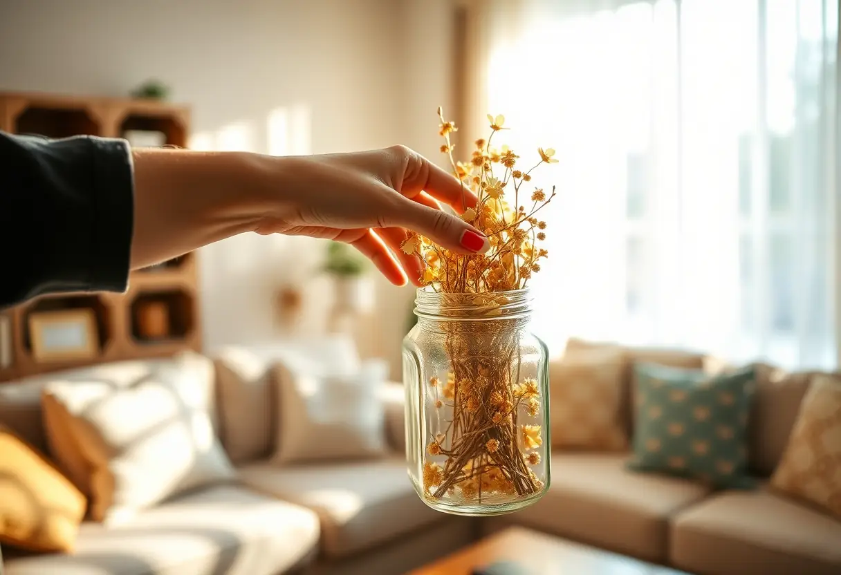 Une main qui saisit un pot en verre contenant des fleurs de jasmin séchées dans un salon accueillant, éclairé par la lumière du soleil filtrant à travers les rideaux.