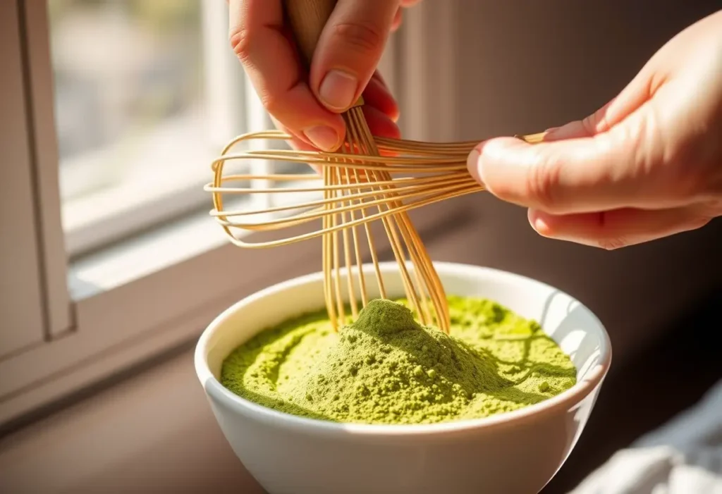Une main tenant une fouet en bois au-dessus d'une tasse blanche remplie de poudre de matcha, éclairée par la lumière du soleil