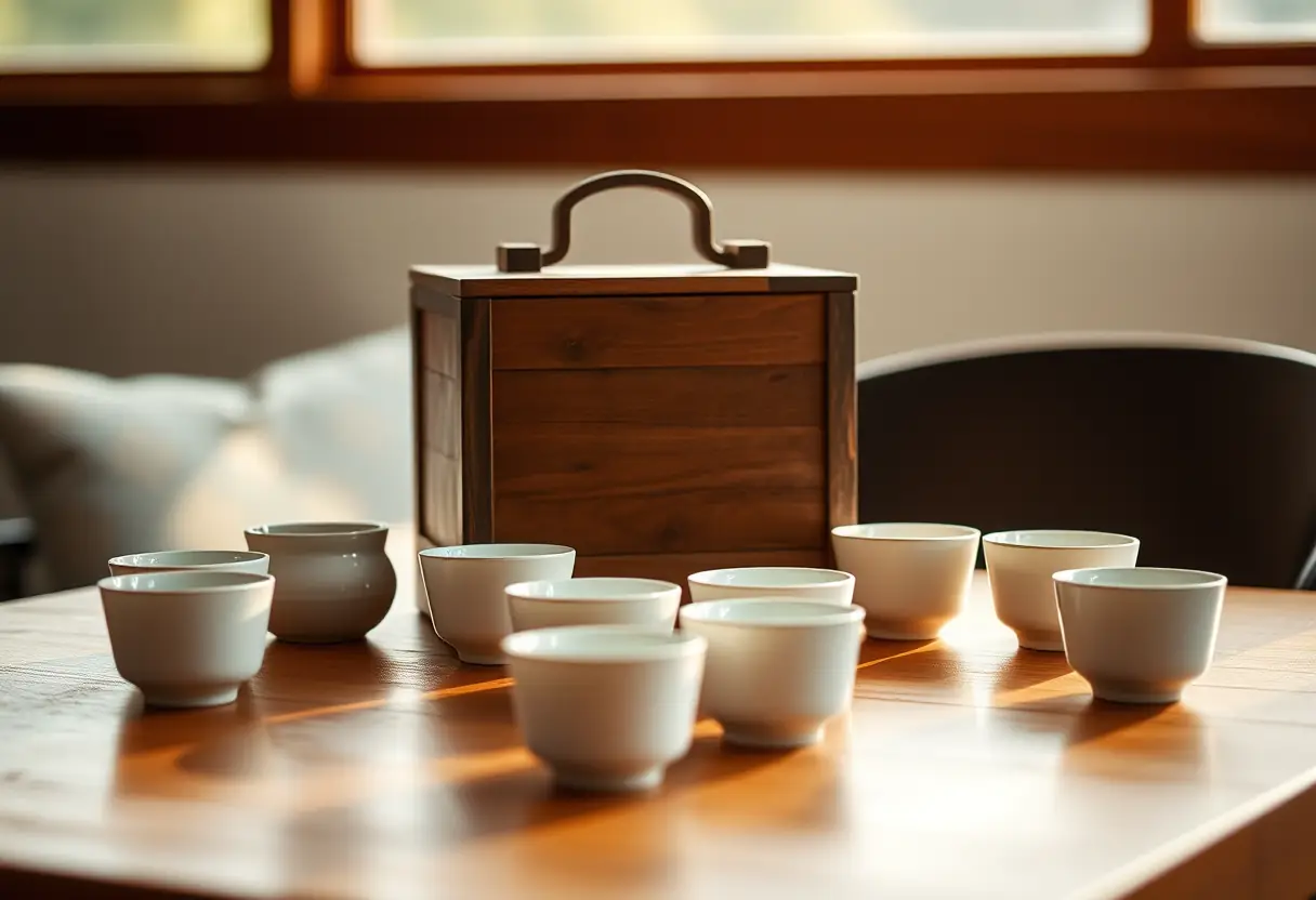 Un coffret en bois posé sur une table, entouré de petites tasses en porcelaine, éclairé par la lumière matinale