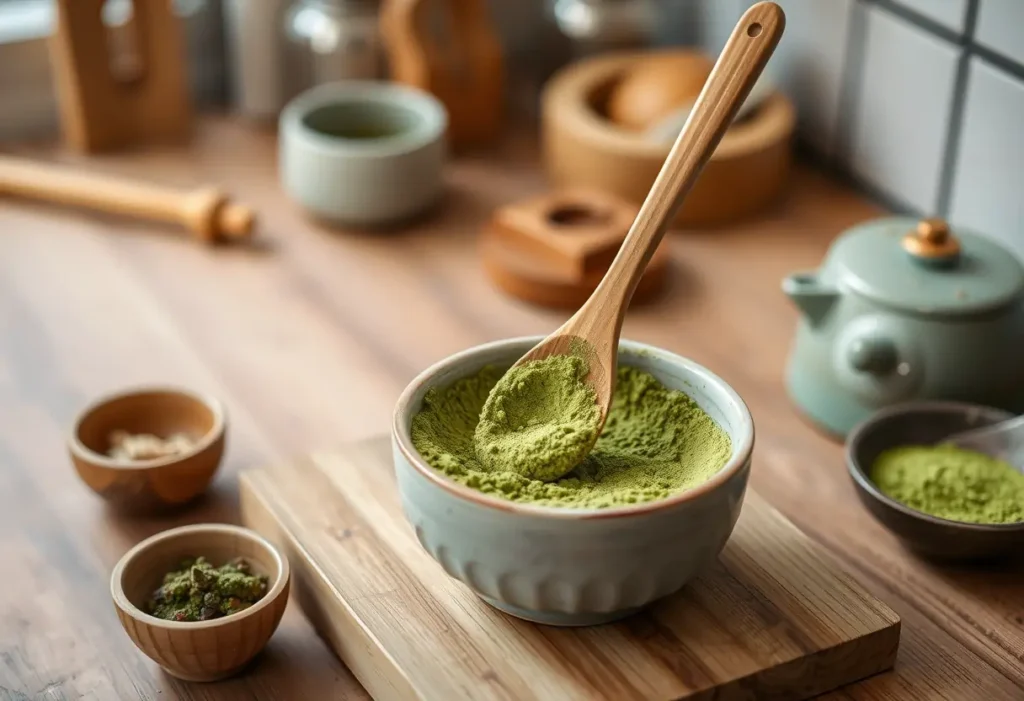 Une cuillère en bois mélangeant du matcha vert dans une cuisine accueillante