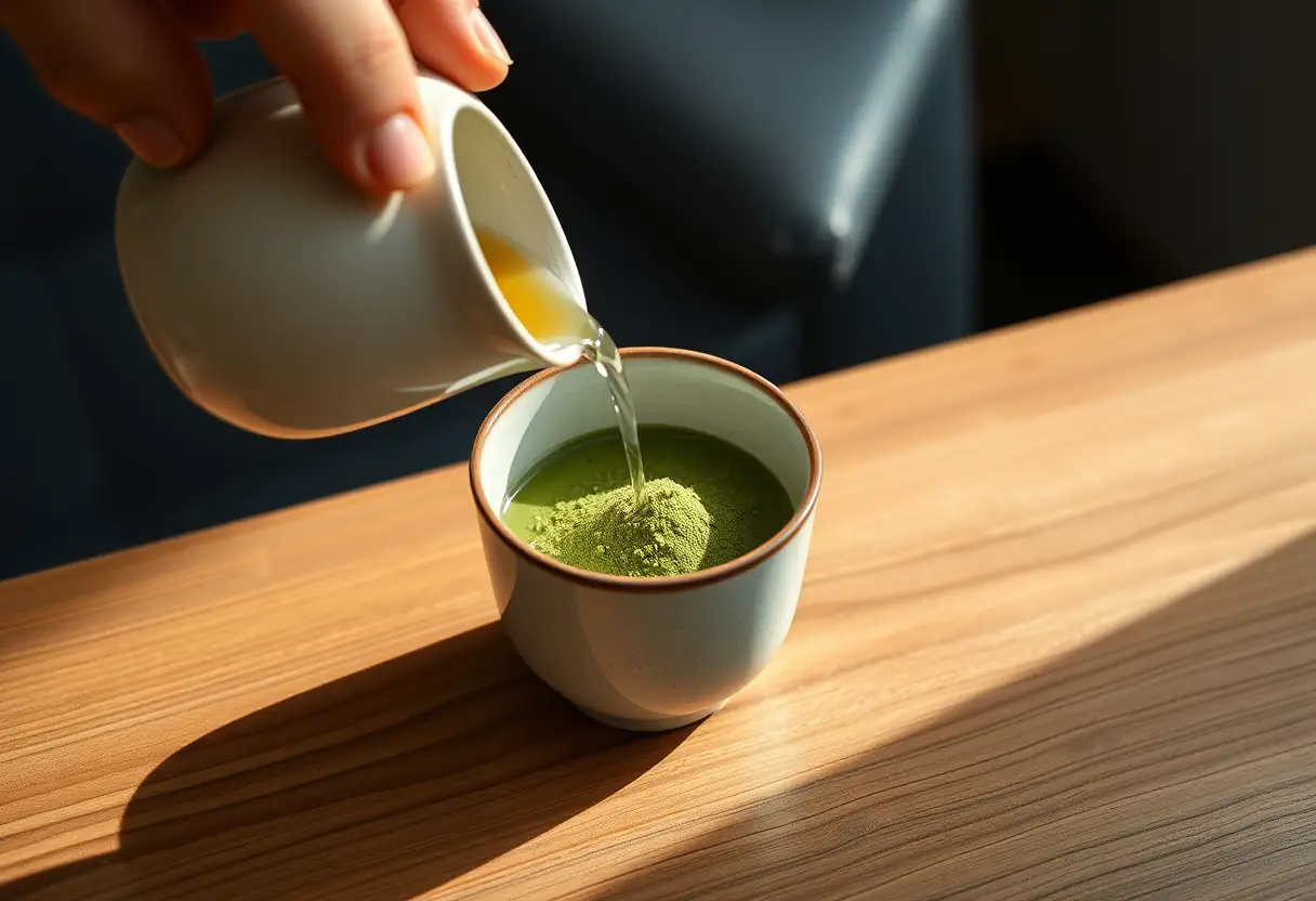 Une main verse de l'eau chaude dans une tasse en porcelaine contenant du matcha sur une table en bois