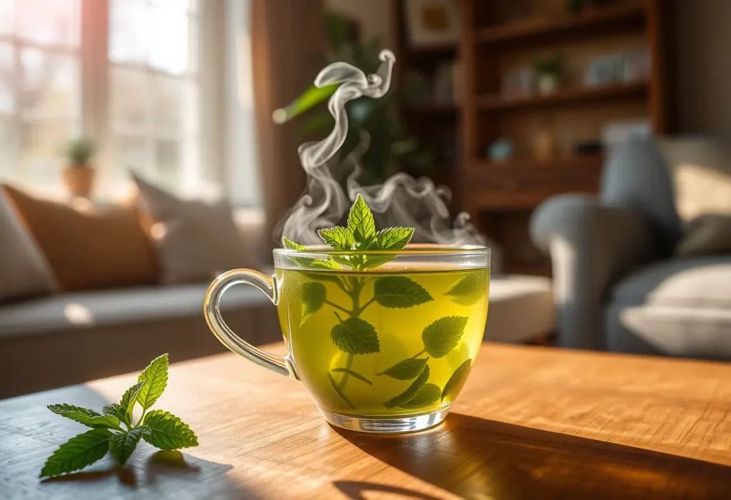 Un bol rempli de thé vert à la menthe fumant sur une table en bois, éclairé par la lumière du jour