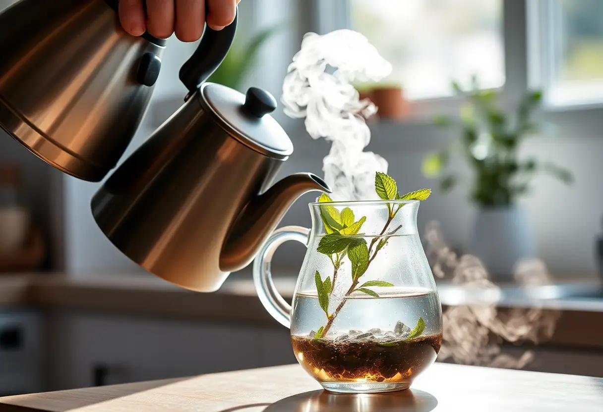 Une main verse de l'eau chaude d'une bouilloire dans une théière en verre contenant des feuilles de thé vert et des brindilles de menthe fraîche