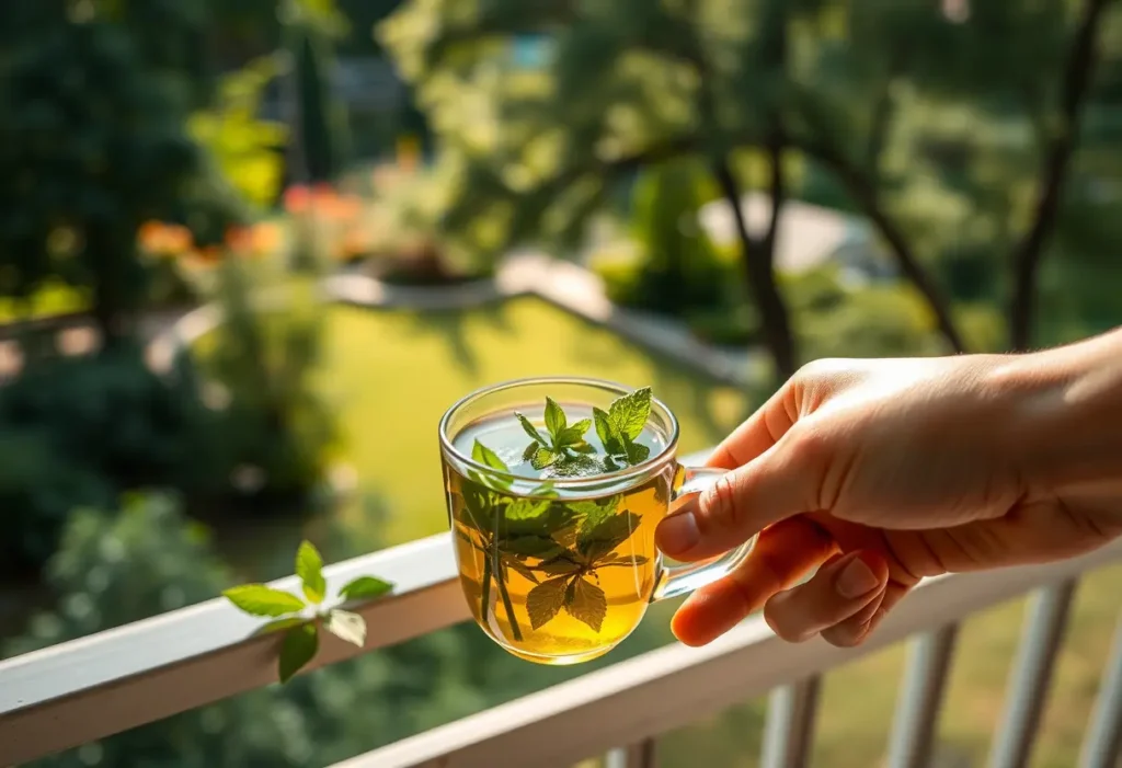 Une main agite délicatement une tasse de thé vert infusé de feuilles de menthe sur un balcon donnant sur un jardin serein éclairé par la lumière du matin.