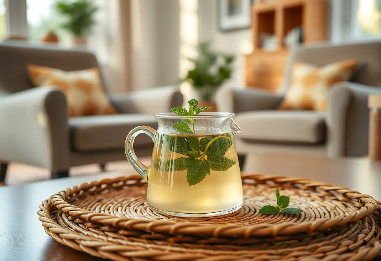 Sur une natte tissée dans un salon accueillant, une théière contenant du thé vert et des feuilles de menthe se trouve entourée de fauteuils confortables, éclairée par la lumière de l'après-midi.