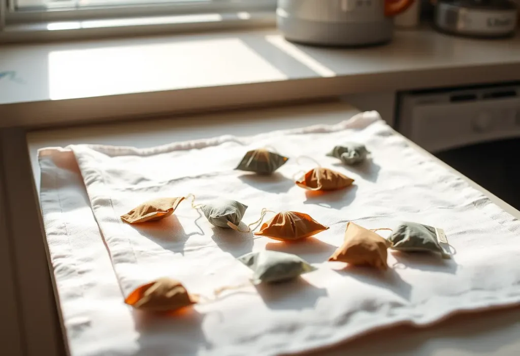 Des sachets de thé usagés sont étendus pour sécher sur un torchon en coton blanc posé sur un comptoir de cuisine, éclairés par la lumière du matin