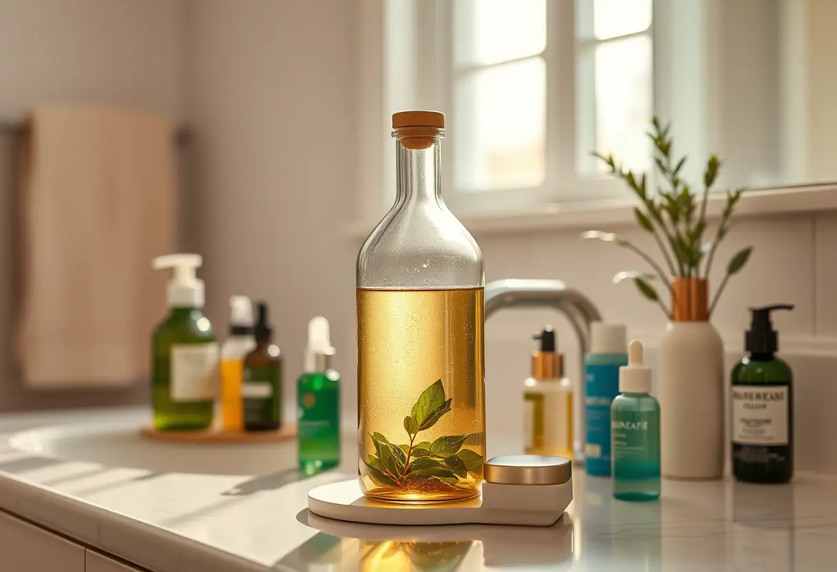 Une bouteille en verre remplie de thé vert sur une coiffeuse de salle de bains, entourée de divers produits de soin de la peau, éclairée par une douce lumière du soir