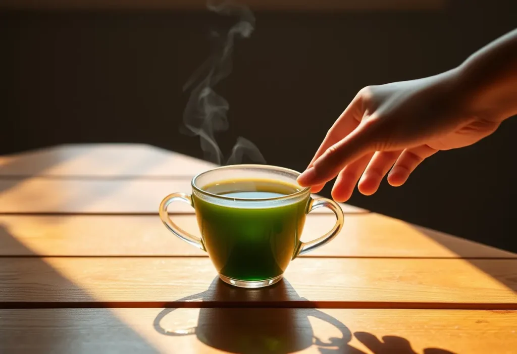 Une tasse de thé vert sur une table en bois, mains tendues vers elle, lumière naturelle