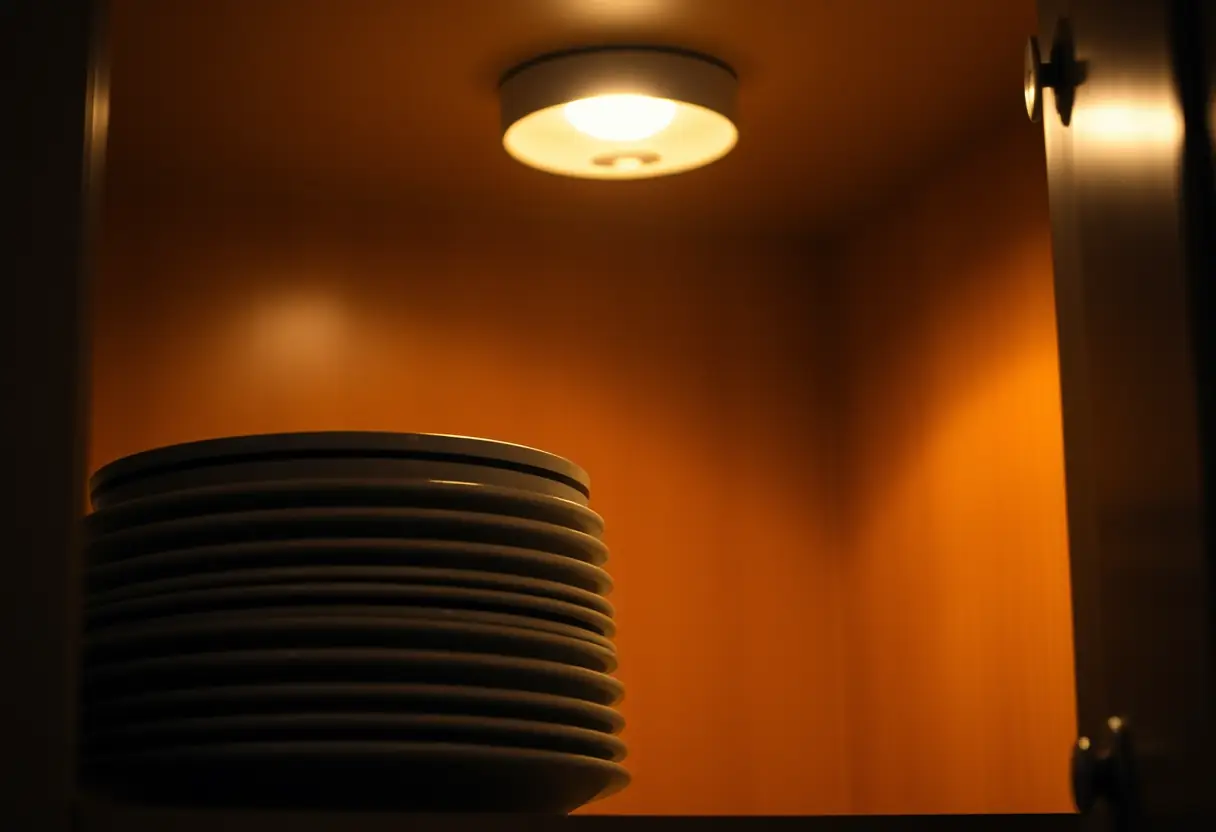 Un placard de cuisine éclairé par des spots, contenant des assiettes en porcelaine, chaleureux et accueillant