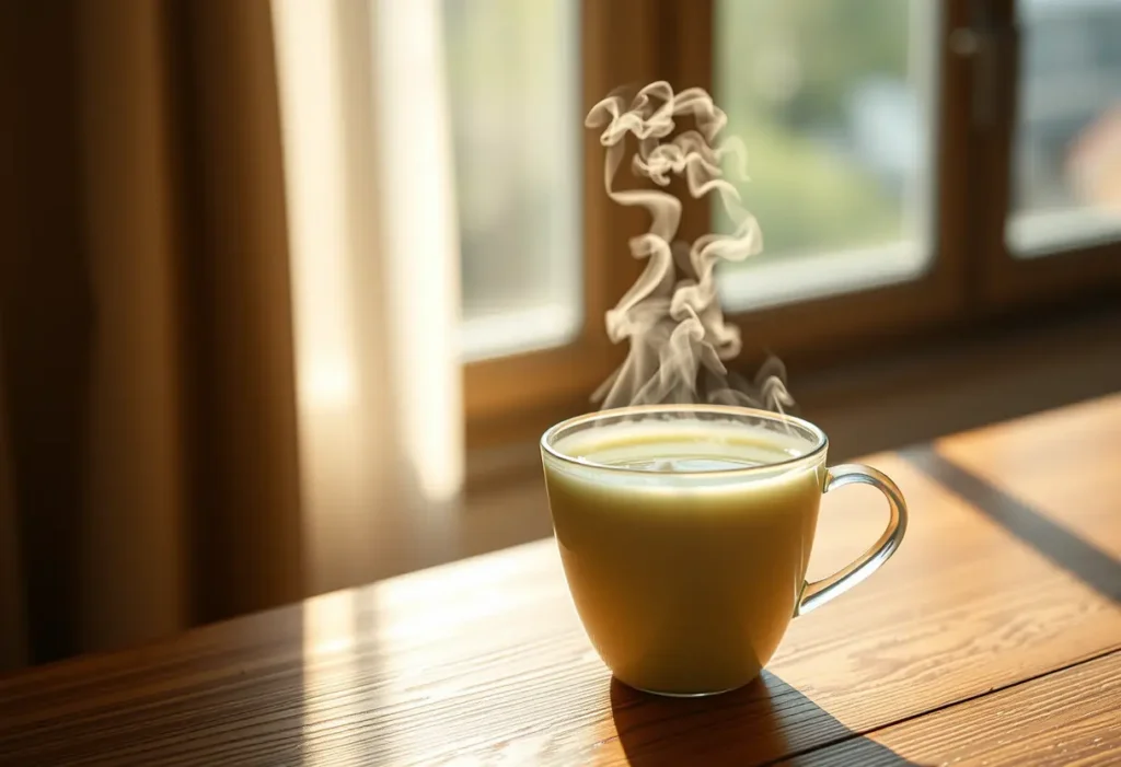 Tasse de thé vert fumant sur une table en bois, lumière naturelle