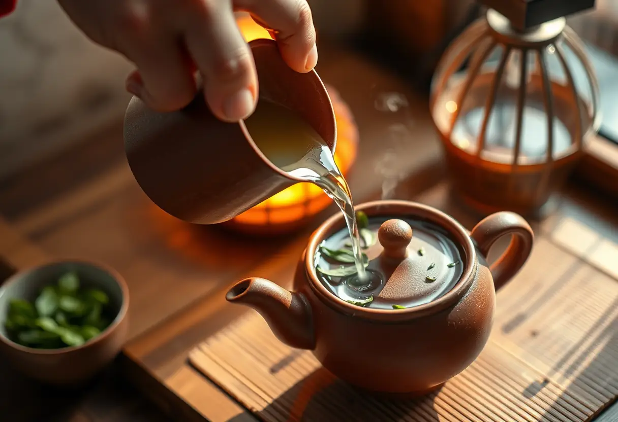 Main versant de l’eau chaude sur des feuilles de thé vert dans un samovar en argile, ambiance sereine