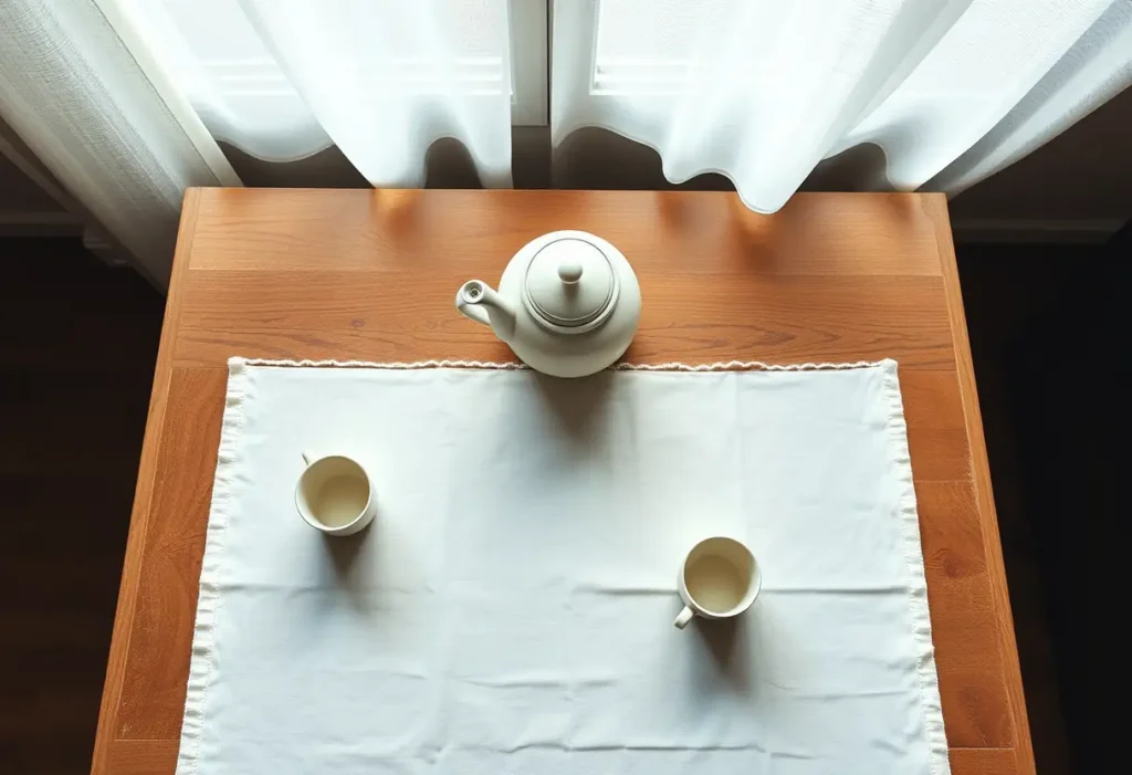 Un plateau avec une théière et des tasses de céramique, éclairé par la lumière du jour.