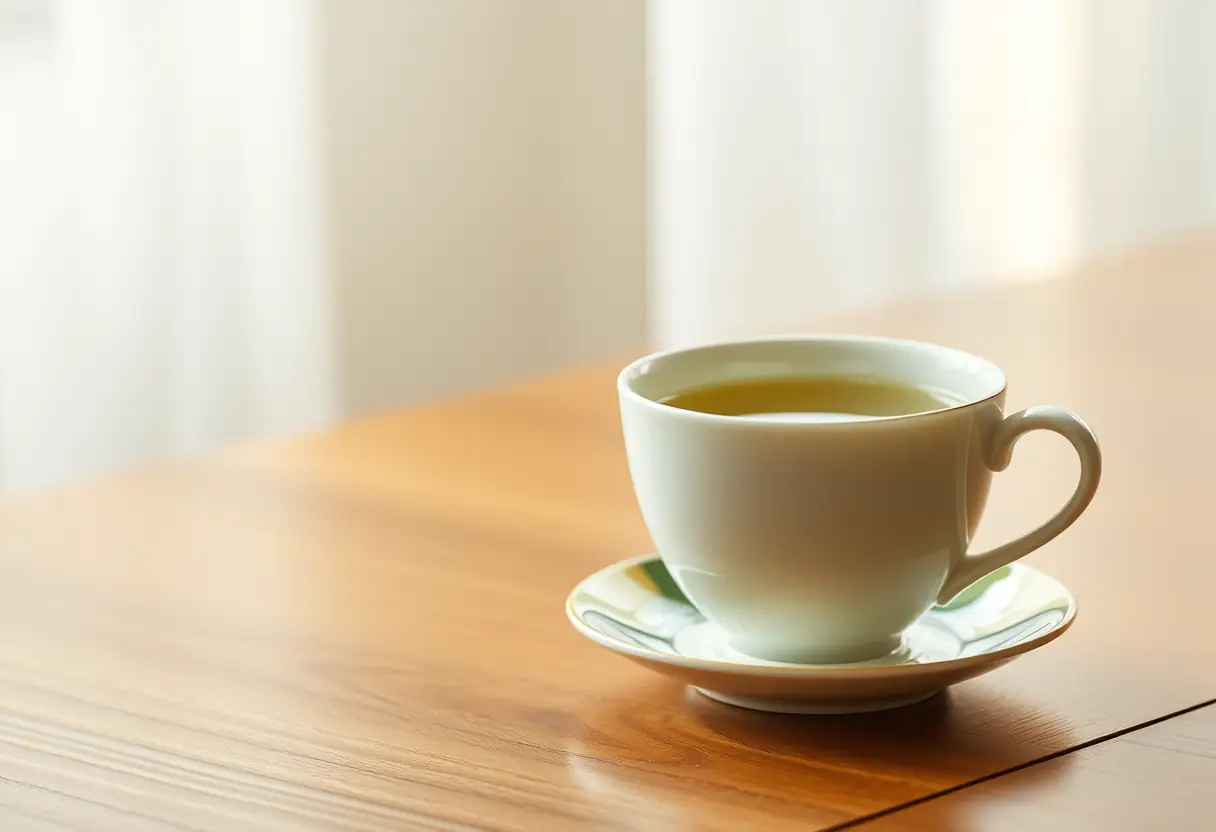 Une tasse de thé vert fumante posée sur une table en bois éclairée par une lampe chaude
