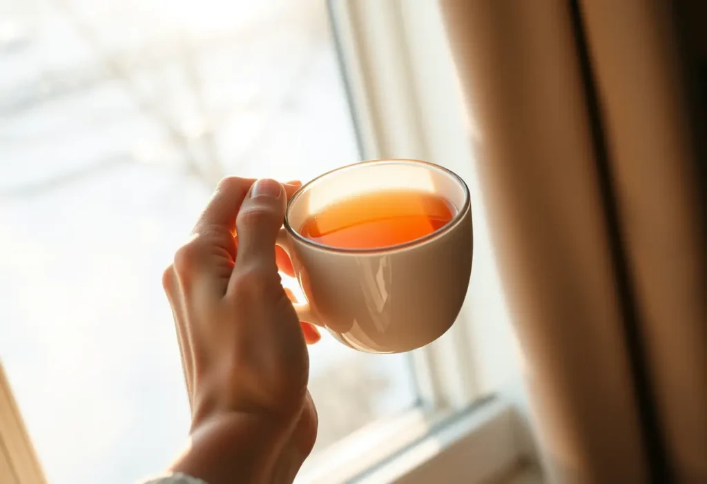 Une main tenant une tasse de thé au petit matin, éclairée par la lumière du soleil.