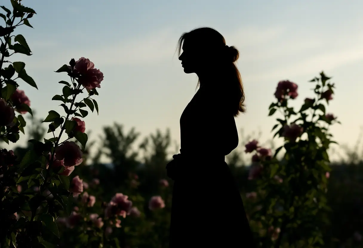 Un profil flou d'une femme dans un jardin fleuri, sous un ciel bleu pâle.