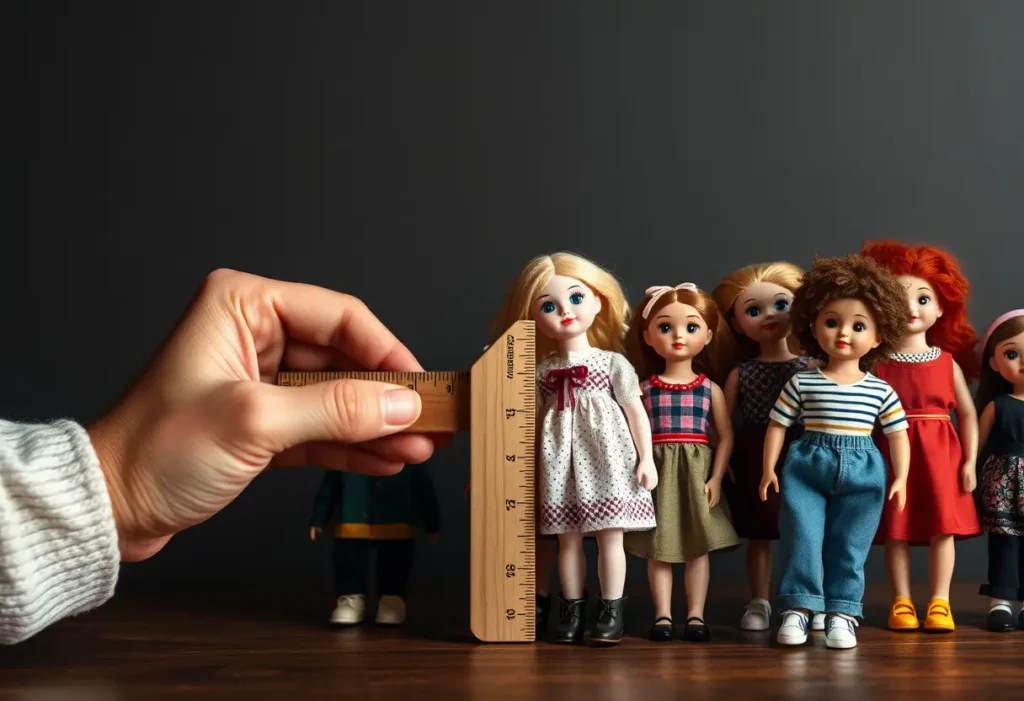 Une main posant une règle près d'une collection de poupées diverses, symbole d'acceptation