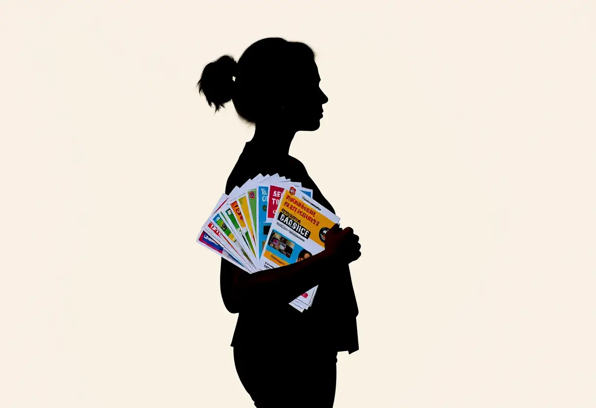 Un profil de femme tenant des tracts colorés, symbole des campagnes de sensibilisation