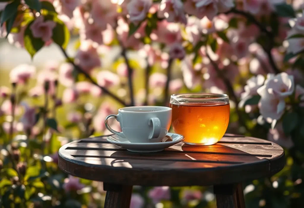 Une tasse de thé sur une table de jardin entourée de fleurs, illustrant le bien-être et l'apaisement