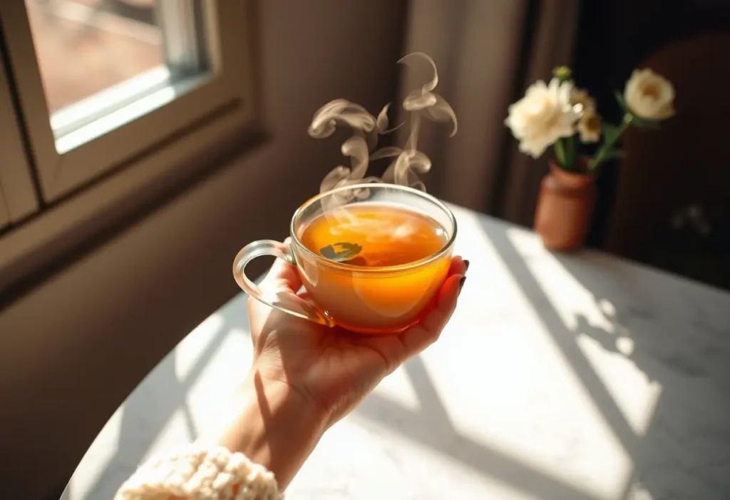 Une main tenant une tasse de thé chaud, apportant chaleur et bien-être
