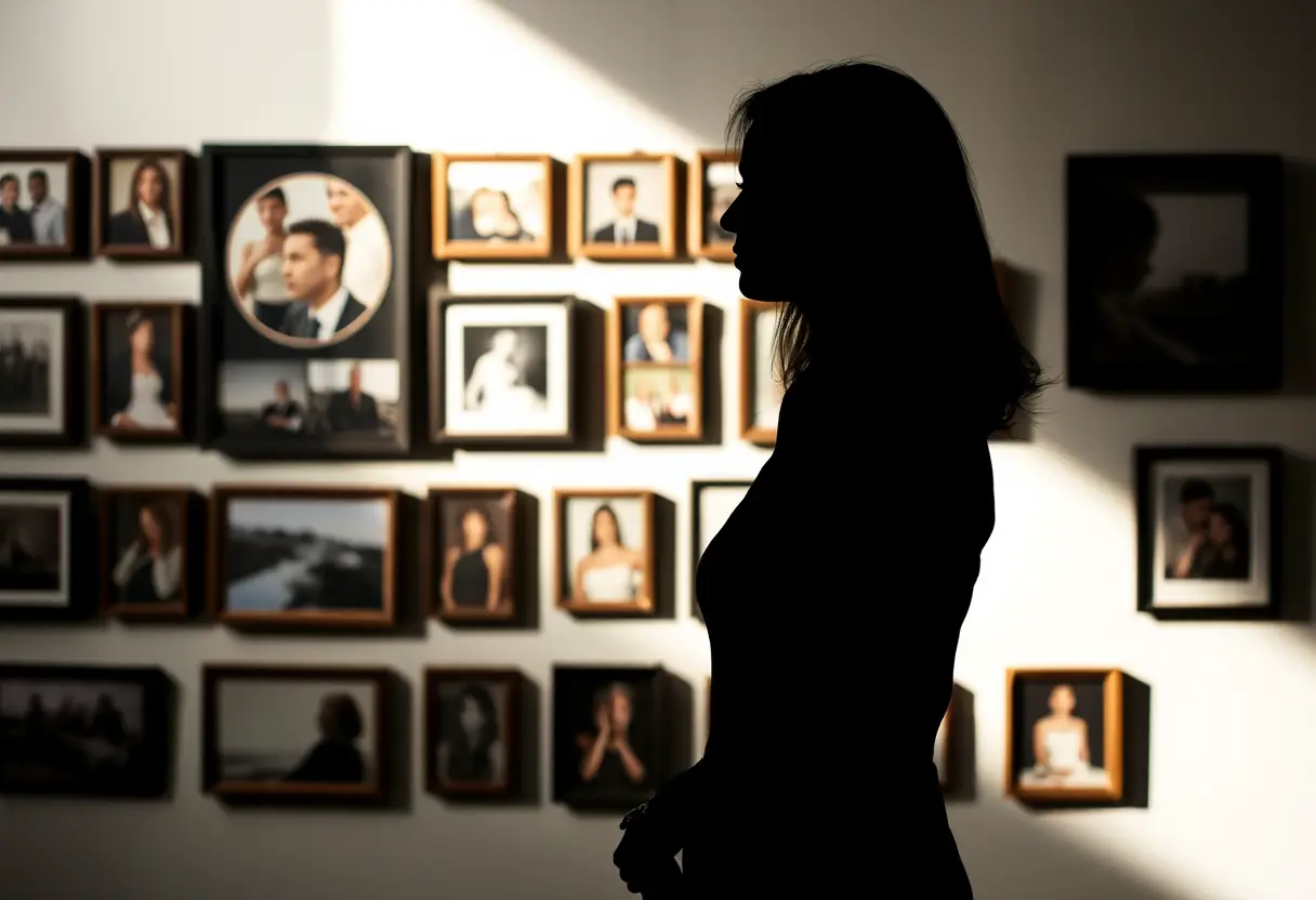 Un profil féminin se reflétant dans un miroir encadré de photos, symbolisant l'acceptation de soi